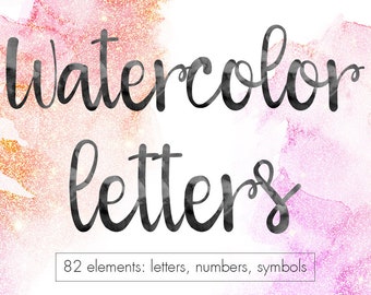Watercolor font, Black watercolor alphabet clipart, Watercolor letters, Numbers, Black font clipart, Black Letters clipart, Black typography