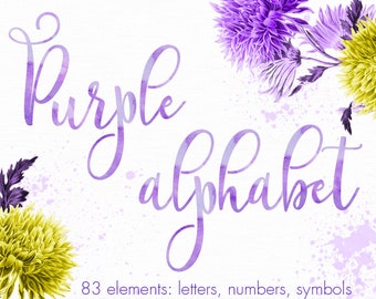 Purple watercolor font, Watercolor alphabet clipart, Watercolor letters, Numbers, Purple font clipart, Purple Letters clipart, Typography