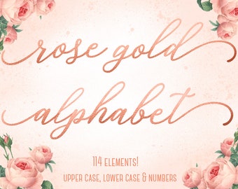 Rose gold alphabet clipart, Rose gold foil alphabet, Rose gold letters, Rose gold numbers, Rose gold font, Rose gold wedding clipart