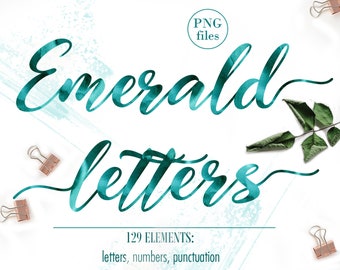 Emerald watercolor alphabet clipart, Watercolor font clipart, Watercolor letters clip art, Watercolor numbers, Green watercolor letters