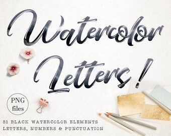 Watercolor alphabet clip art, Watercolor letters clipart, watercolor font, Black printable leetters, PNG, Scrapbooking, Instant download