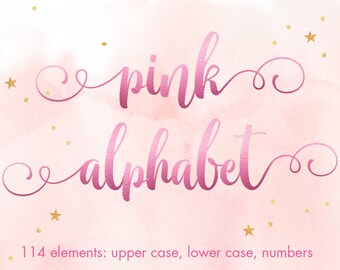 Pink metallic alphabet clipart, Pink font clipart, Pink foil alphabet, Pink letters, Wedding clipart, Numbers clipart, PNG