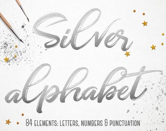 Silver alphabet clipart, Silver foil alphabet, Silver font clipart, Silver letters clipart, silver numbers, symbols, Wedding clipart