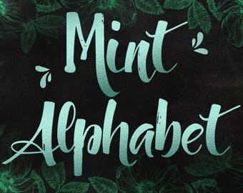 Mint green alphabet clip art, Mint foil alphabet, Mint letters, Mint numbers, Mint symbols, Metallic font, Sparkly alphabet, Green clipart