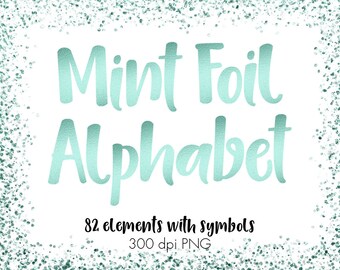 Mint green alphabet clip art, Mint foil alphabet, Mint letters, Mint numbers, Mint symbols, Metallic font, Sparkly alphabet, 82 elements