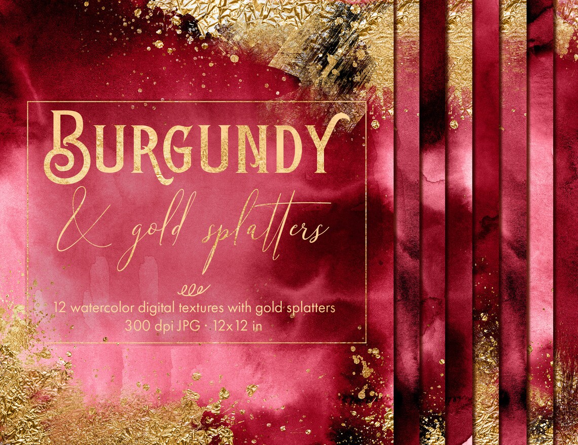 Burgundy Digital Papers With Gold Foil Watercolor Digital Etsy