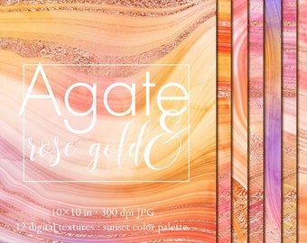 Sunset agate textures with rose gold veins, Stone textures, Paper pack, Rose gold watercolor wallpaper, Rose gold digital paper clip art