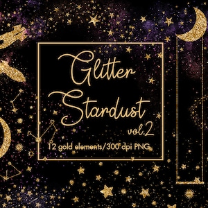 Clipart de poeira estelar dourada, clipart de estrelas douradas, sobreposições de estrelas, poeira mágica, céu noturno, clipart de galáxia, clipart de estrela, estrela dourada, clipart de lua, png