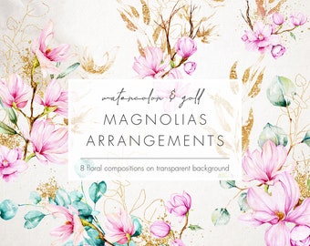 Watercolor Magnolia Floral Clipart: Gold Foil Bouquet PNG (Digital Download)