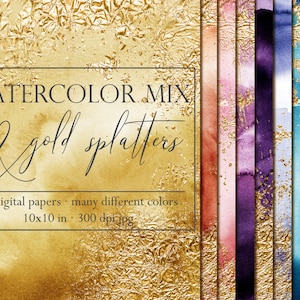 Aquarel kleur mix digitaal papier, Aquarel papier pack, Goudfolie paper clipart, Gouden spetters, Abstracte texturen, Gouden verf, Rood, Blauw