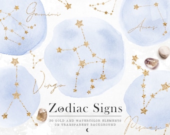 Gold Zodiac Constellations Clipart: Watercolor Celestial Signs (PNG)