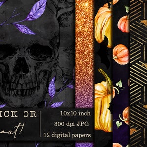 May include: Twelve digital papers featuring a skull with purple leaves, gold glitter, and pumpkins on a black background. The papers are 10x10 inches and 300 dpi. The text "Trick or Treat!" is at the bottom of the image.
