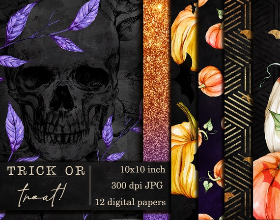 Halloween digital paper clipart, Halloween wallpapers, Halloween papers, Bat, Skull illustration, Watercolor pumpkin, Halloween background