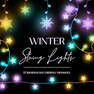 Rainbow string lights, Fairy lights, String lights overlays, Rainbow bunting lights, Party lights, Winter clipart, Christmas lights, PNG