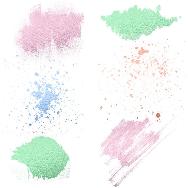 May include: A collection of abstract paint splatters in various colors, including pink, green, blue, and orange. The splatters are on a white background.