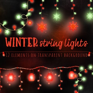 May include: Red and green string lights with snowflakes and stars. The lights are on a black background and the text "WINTER string lights" and "12 ELEMENTS ON TRANSPARENT BACKGROUND" is below the lights.