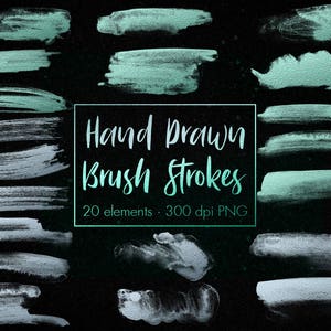 Puede incluir: Un conjunto de 20 trazos de pincel dibujados a mano en tonos de verde azulado y plateado. Los trazos son de varios tamaños y formas, y son perfectos para agregar un toque de textura pintada a mano a tus diseños.  Hand Drawn Brush Strokes - 20 elements - 300 dpi PNG
