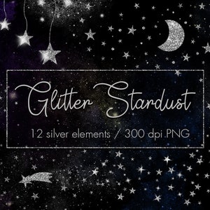 Clipart de poeira estelar prateada, clipart de estrelas prateadas, lua prateada, pó mágico, sobreposições de estrelas, céu noturno, clipart de galáxia, clipart de estrela, estrela prateada, png