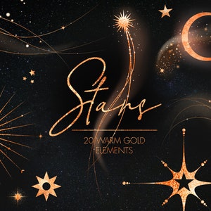 Op de afbeelding: Een set van 20 warme gouden ster- en halve maanillustraties op een zwarte achtergrond. De tekst "Stars 20 Warm Gold Elements" is in de afbeelding opgenomen.
