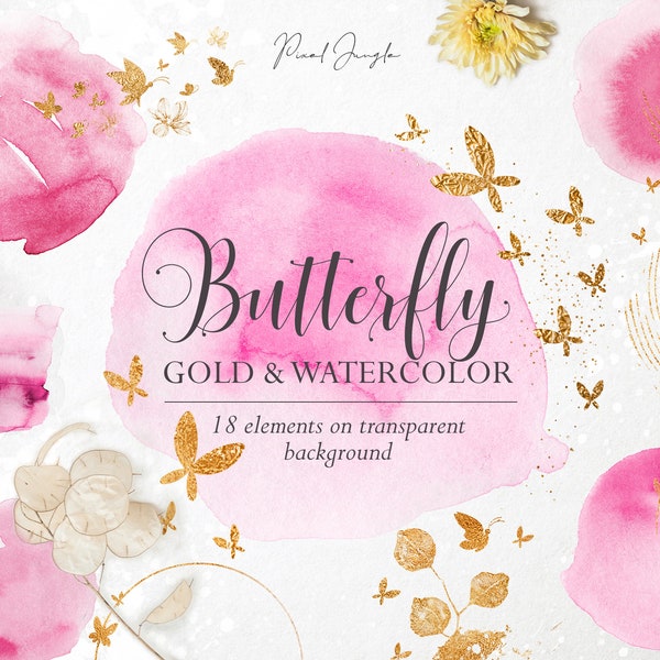 Gold butterfly overlays, Floral design elements, Floral watercolor clipart, Pink watercolor overlays, Gold butterflies, Watercolor stains