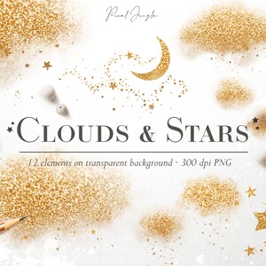 Gouden wolken en sterren clipart, Gouden ster digitale overlays, Gouden maan, Nachtelijke hemel clipart, Goud glitter wolken clipart, Hemelse overlays