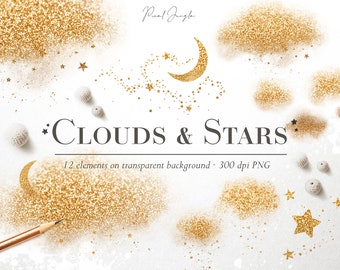 Goldene Wolken und Sterne Clipart: Celestial Overlays (PNG Digital Download)