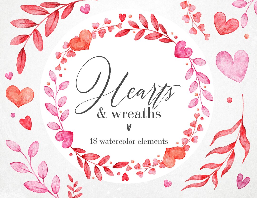 Watercolor Hearts and Wreaths, Valentine's Day Clipart, Hand Painted ...