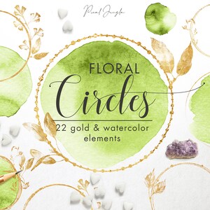 Bloemen gouden cirkels met aquarel, Bloemencirkels voor embleem, Bloemen ontwerpelementen, De verfplonsen van de aquarel, De ronde vormen van de aquarel, PNG