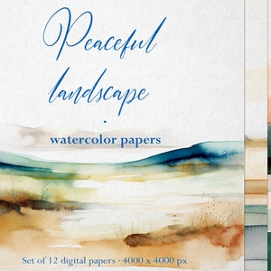 May include: Set of 12 digital watercolor papers featuring a peaceful landscape with blue, green, and brown hues. The papers are 4000 x 4000 pixels.