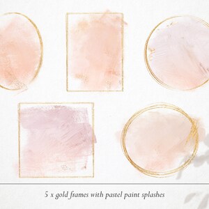 Peut inclure: Cinq cadres dor&eacute;s avec des &eacute;claboussures de peinture rose pastel. Les cadres sont de formes diff&eacute;rentes, y compris des cercles et des carr&eacute;s.