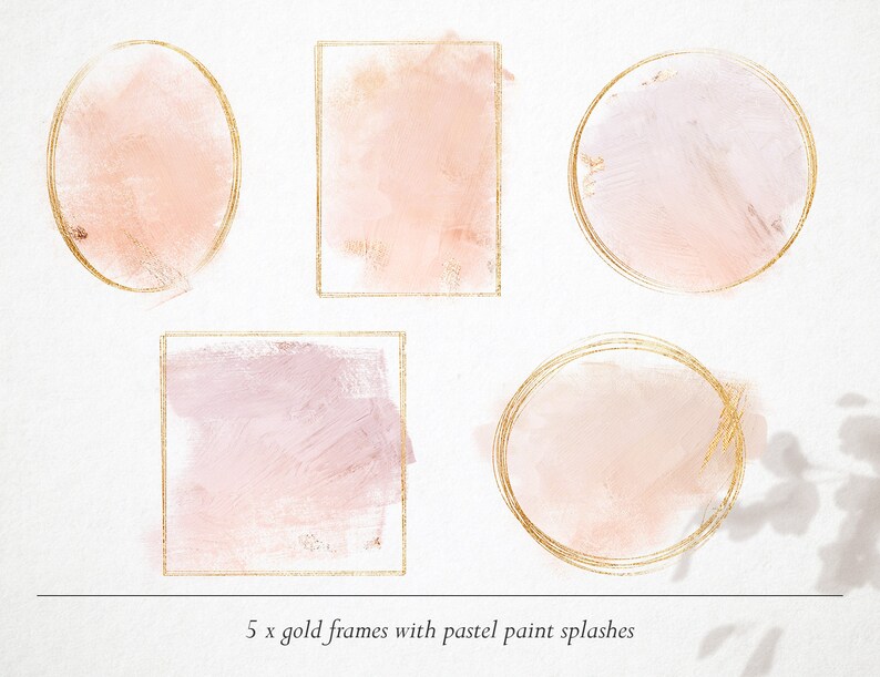 Peut inclure: Cinq cadres dor&eacute;s avec des &eacute;claboussures de peinture rose pastel. Les cadres sont de formes diff&eacute;rentes, y compris des cercles et des carr&eacute;s.