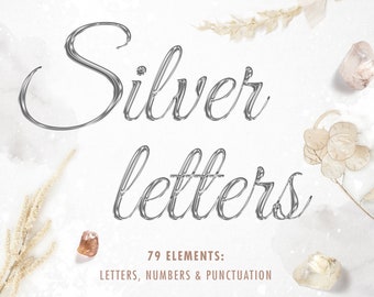 Silver Liquid Font Clipart: 79 Letter Overlays (PNG Digital Download)