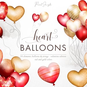 Clipart de globos de amor, Clip art de globos de corazón, Clipart de San Valentín, Superposiciones de globos de oro, Clipart de amor, Elementos de diseño, PNG transparente