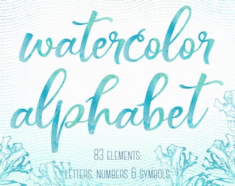 Blue Watercolor Alphabet Clipart, Letters, Numbers, Symbols (PNG Digital Download)