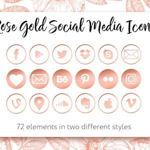 May include: A set of 72 rose gold social media icons in two different styles. The icons include popular social media platforms such as Facebook, Twitter, Instagram, Pinterest, and YouTube.