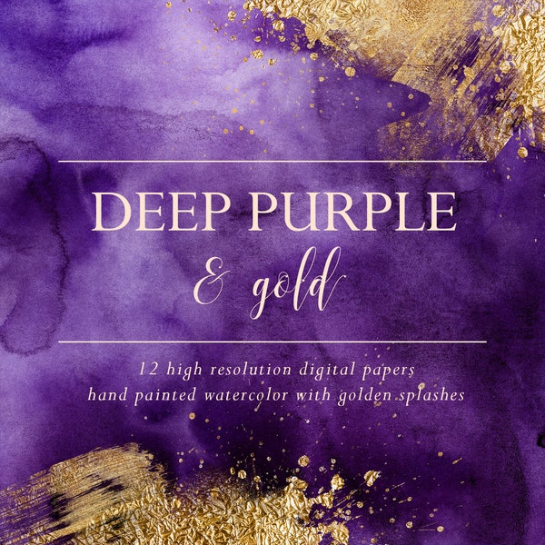 Purple watercolor digital papers with gold foil, Watercolor digital paper, Watercolor wallpaper, Watercolor background, Paint texture, JPG