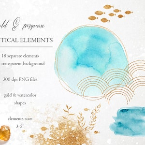 K&ouml;nnte beinhalten: Gold- und t&uuml;rkisfarbene Aquarell-Clipart-Elemente zum Thema Nautik. Enth&auml;lt 18 separate Elemente auf transparenten Hintergr&uuml;nden, 300 dpi PNG-Dateien und Formen in der Gr&ouml;&szlig;e 3-5 Zoll.