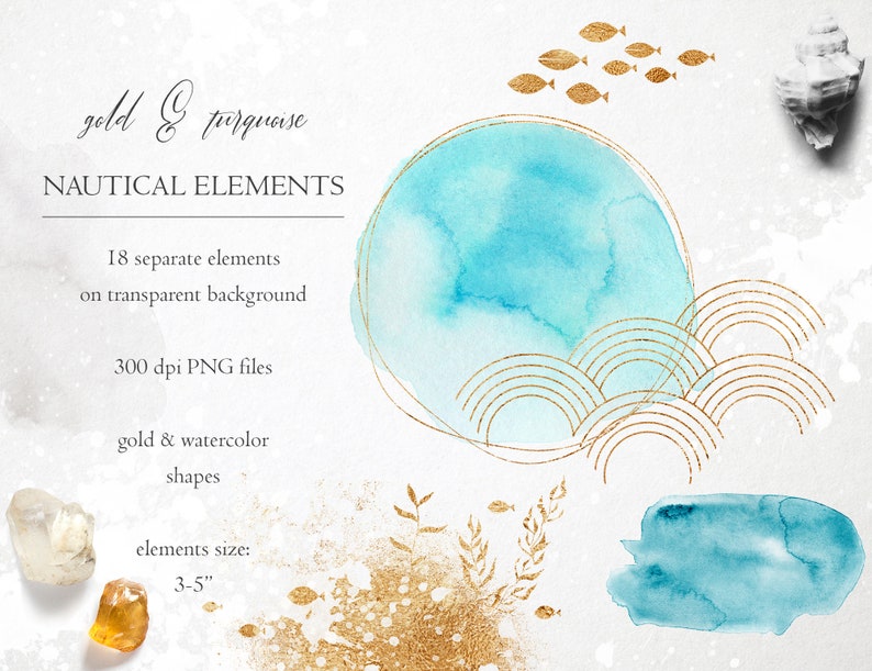 K&ouml;nnte beinhalten: Gold- und t&uuml;rkisfarbene Aquarell-Clipart-Elemente zum Thema Nautik. Enth&auml;lt 18 separate Elemente auf transparenten Hintergr&uuml;nden, 300 dpi PNG-Dateien und Formen in der Gr&ouml;&szlig;e 3-5 Zoll.