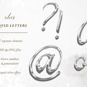 Pu&ograve; includere: Lettere, numeri e segni di punteggiatura argentati liquidi e lucidi. L'immagine include le lettere G e C, un simbolo @, un punto esclamativo e un punto interrogativo. Il testo recita "silver LIQUID LETTERS".