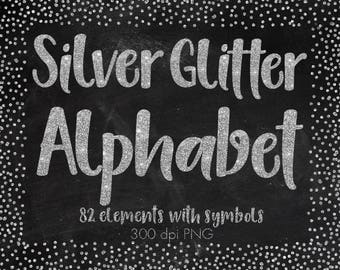 Buy 3 pay for 2, Silver alphabet clip art, Silver glitter alphabet, Silver letters, Silver numbers, Silver symbols, Silver font, 82 elements