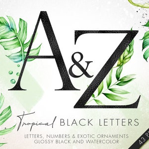 Schwarze Folienbuchstaben mit Aquarell Palmblättern, Alphabet Clipart, Schwarze Buchstaben, Schwarze Schrift Clipart, Monogramm Buchstaben, Tropisches Alphabet