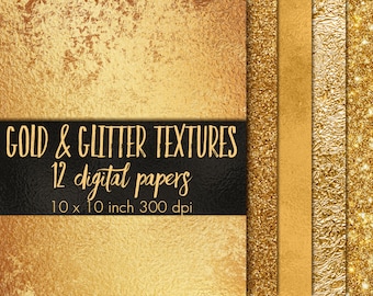 May include: A set of 12 digital papers featuring gold and glitter textures. The papers are 10 x 10 inches and 300 dpi.