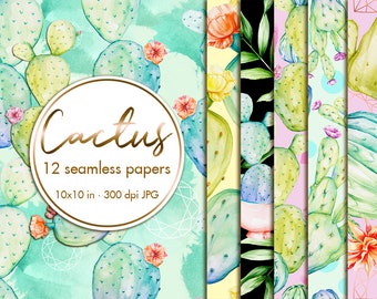 Papel digital sin costuras de cactus, Papel de cactus, Fondo floral sin costuras, Clipart de papel sin costuras, Paquete de papel, Papel floral, Patrones sin costuras
