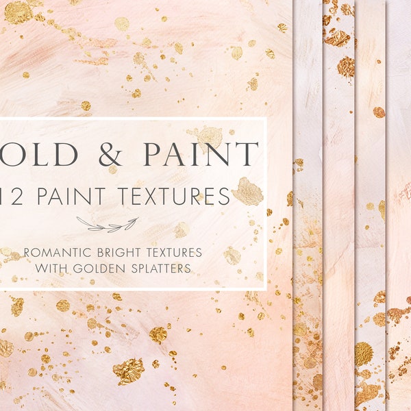 Blush paint textures with gold splashes, Gold digital paper pack, Blush wallpaper, Gold paper clipart, Pale pink background, Gold texture