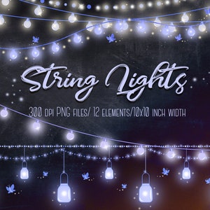 May include: String lights with a blue and white color scheme. The lights are in the shape of jars with a warm glow. The image has the text "String Lights" and "300 DPI PNG FILES/12 ELEMENTS/10X10 INCH WIDTH".