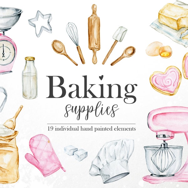 Watercolor bakery clipart, Hand painted kitchen utensils, Cooking clipart, Food clipart, Baking supplies, Bakery logo, PNG overlays