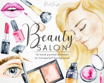 May include: Watercolor illustration of beauty salon items, including makeup brushes, lipstick, nail polish, eyeshadow palettes, foundation, blush, and a woman's face with closed eyes. The text "Beauty Salon" is written in cursive.