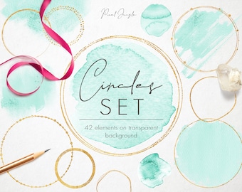 Gold circles with mint green watercolor, Watercolor circles for logo, Gold circles for logo, Watercolor design elements, Gold foil circles