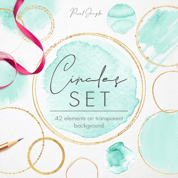 Gold circles with mint green watercolor, Watercolor circles for logo, Gold circles for logo, Watercolor design elements, Gold foil circles