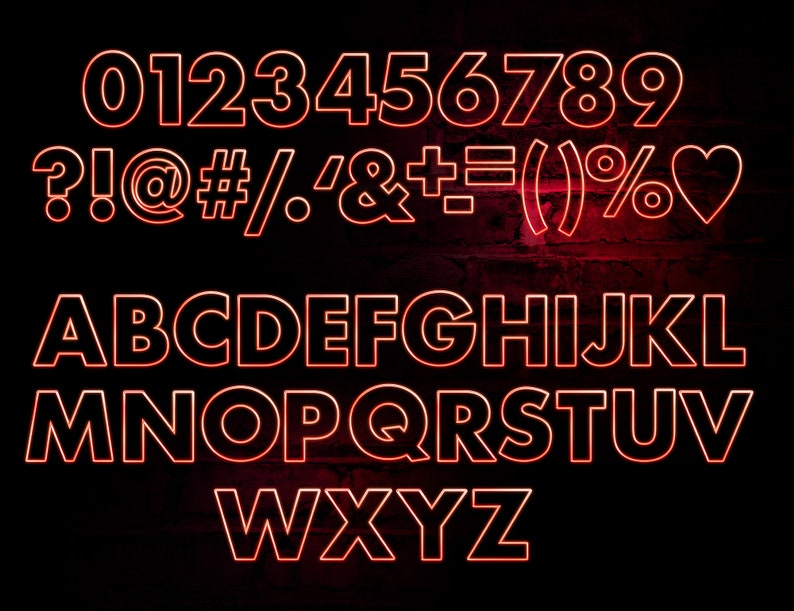 May include: Red neon sign displaying the numbers 0-9, punctuation marks, and the alphabet in a bold, blocky font. The sign is on a dark brick wall.